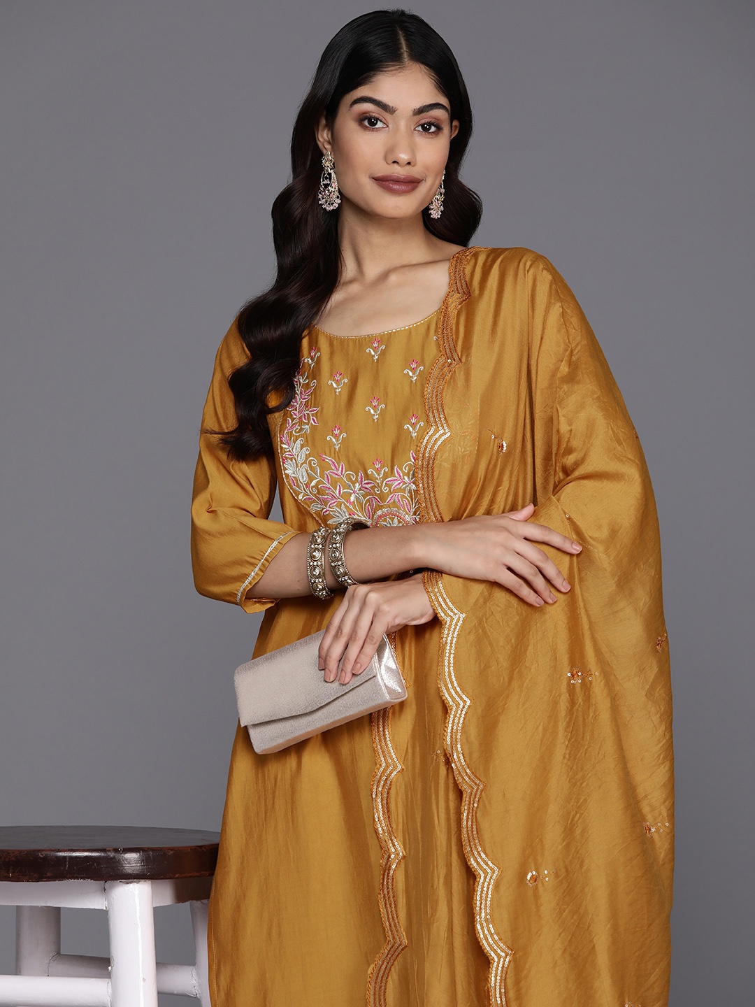 

Libas Women Floral Yoke Design Regular Kurta with Trousers With Dupatta, Mustard