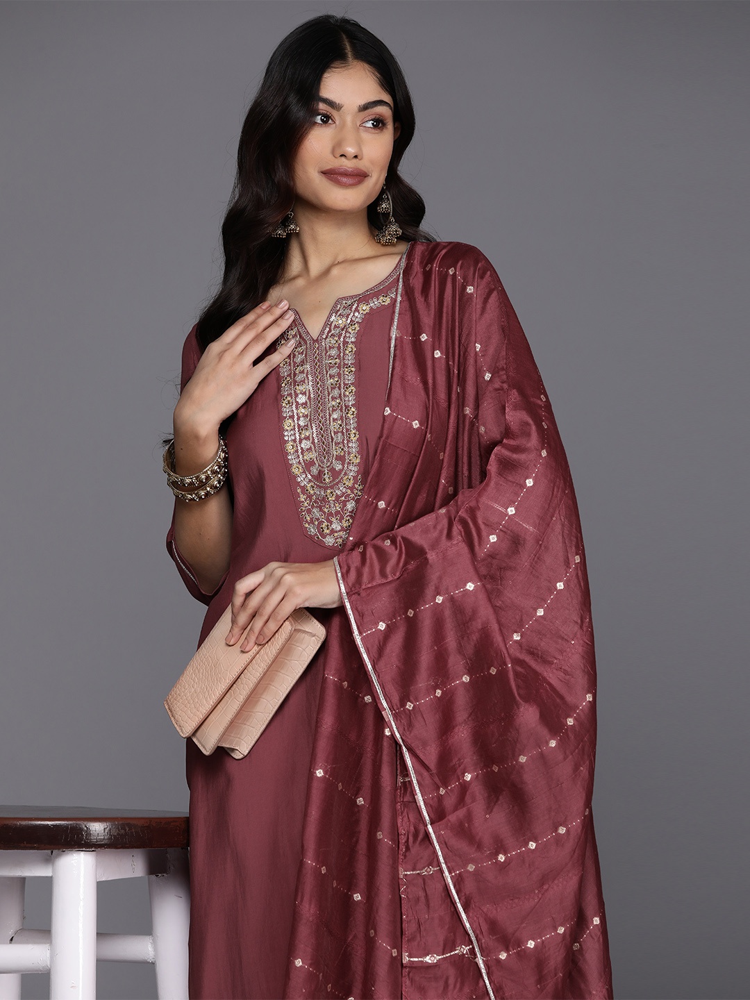 

Libas Women Floral Yoke Design Regular Sequinned Kurta with Trousers With Dupatta, Mauve
