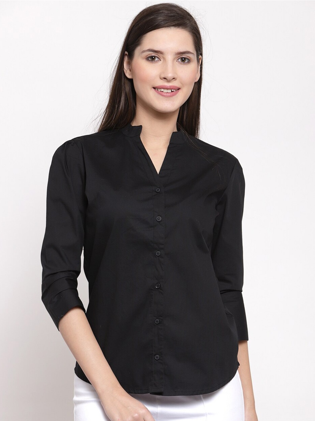 

Hive91 Standard Mandarin Collar Three-Quarter Sleeves Cotton Casual Shirt, Black
