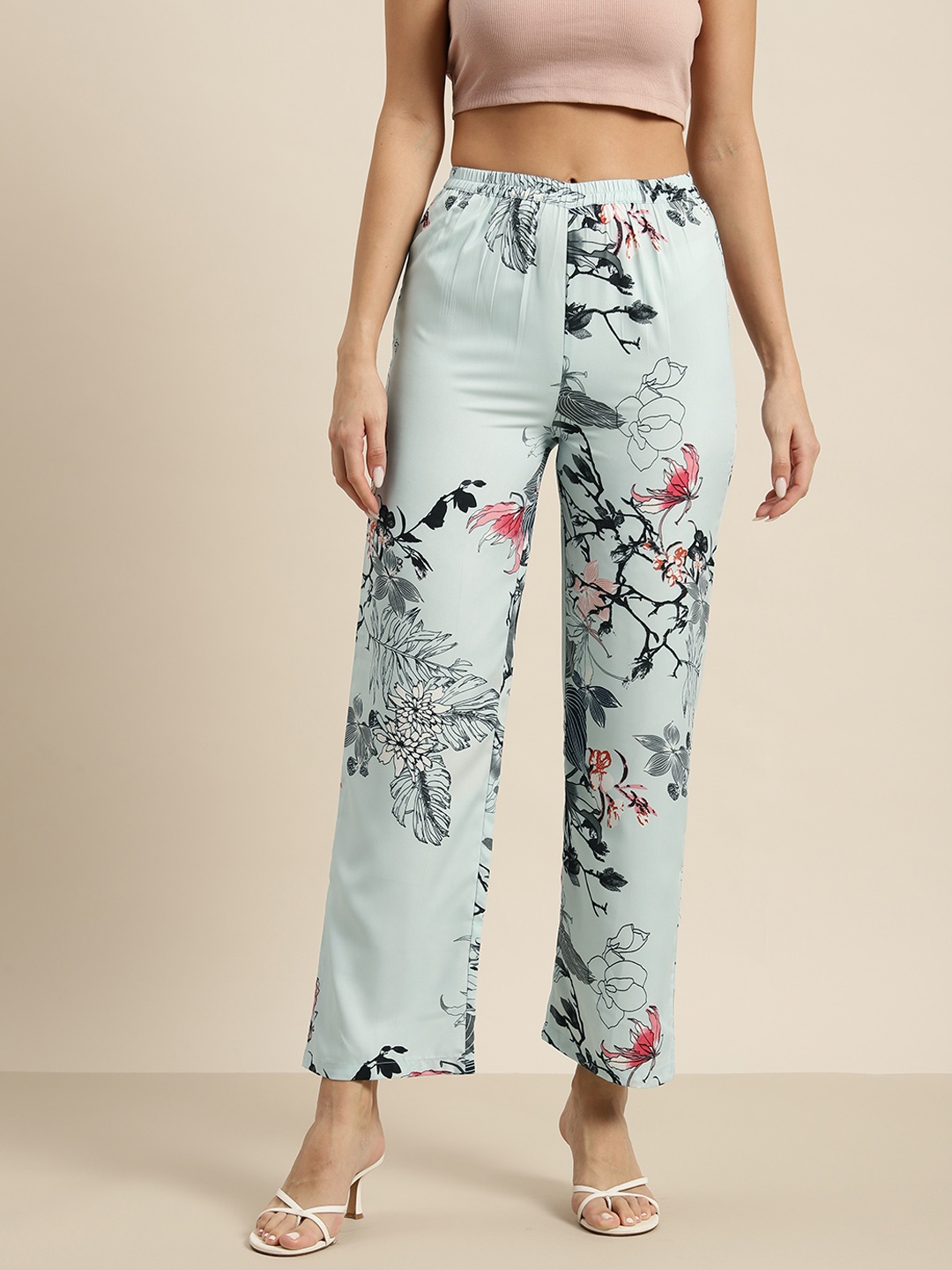 

Qurvii Floral Printed Comfort High-Rise Easy Wash Trousers, Sea green