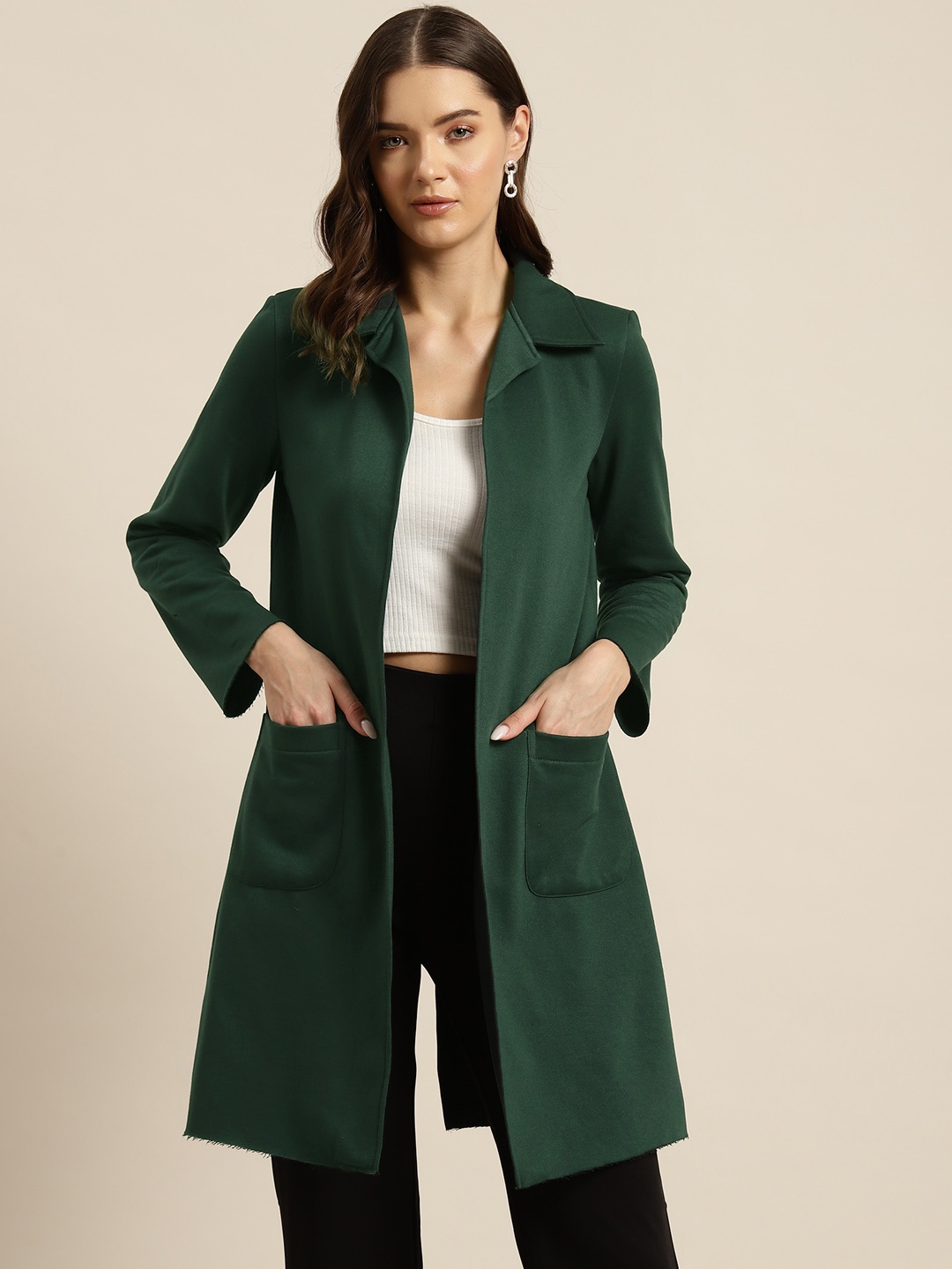 

Qurvii Women Solid Front-Open Longline Overcoat, Olive