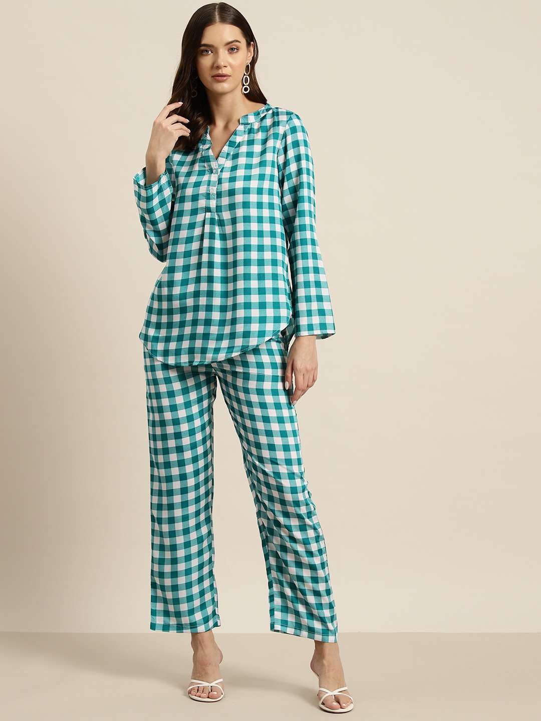 

Qurvii Checked Crepe Shirt with Trousers, Teal