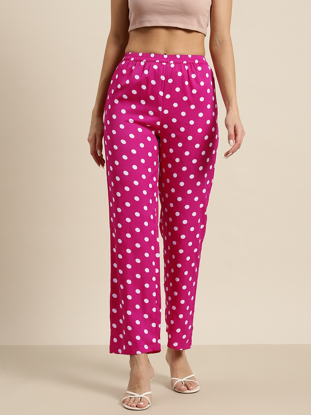 

Qurvii Polka Dot Printed Comfort High-Rise Easy Wash Trousers, Pink