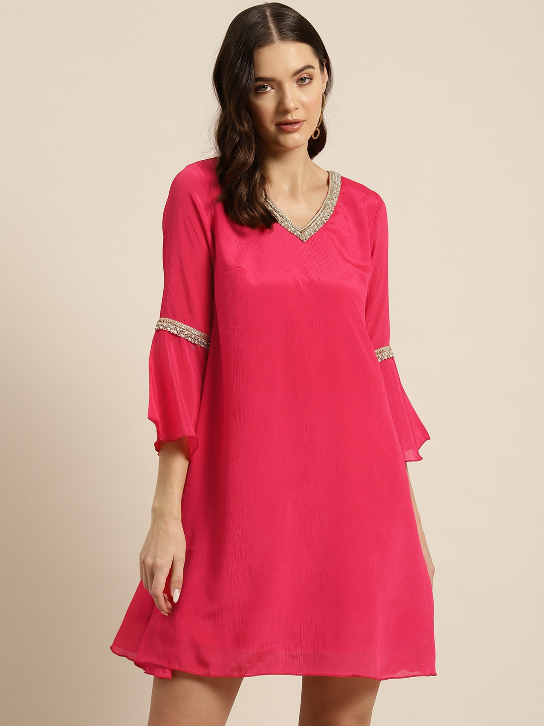 

Qurvii Solid Bell Sleeve Chiffon A-Line Mini Dress, Fuchsia