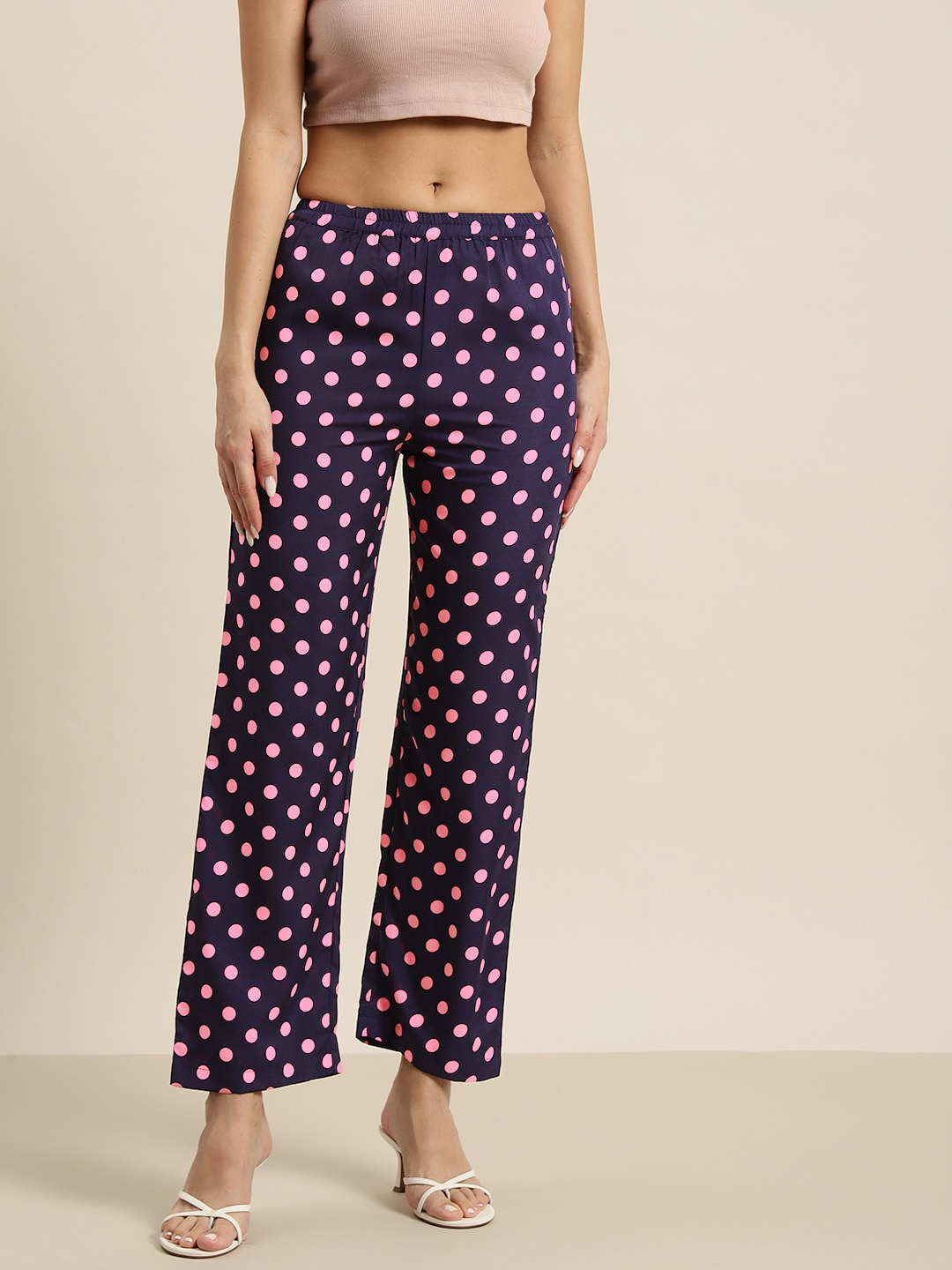 

Qurvii Polka Dots Printed Comfort High-Rise Easy Wash Trousers, Navy blue