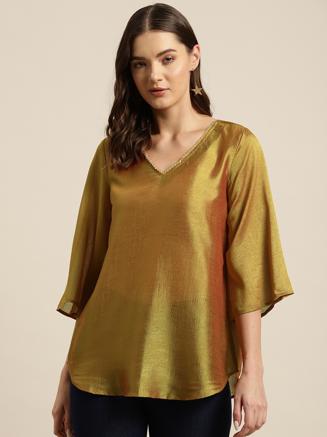 

Qurvii Flared Sleeves Longline Top, Bronze