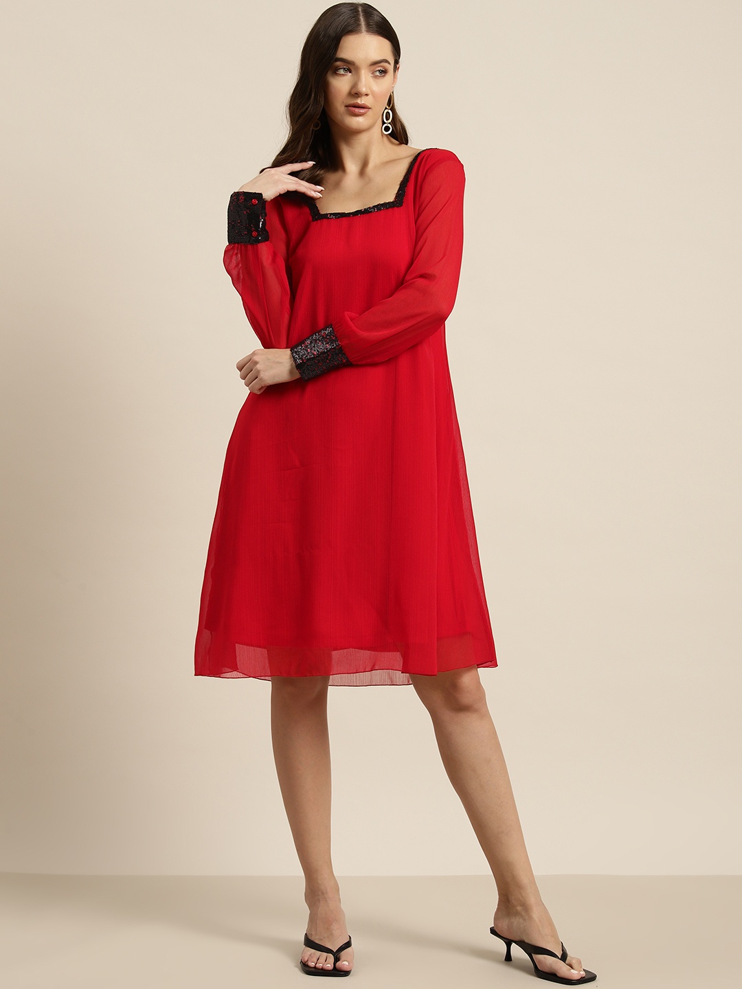 

Qurvii Solid Sequined Puff Sleeve Georgette A-Line Dress, Red