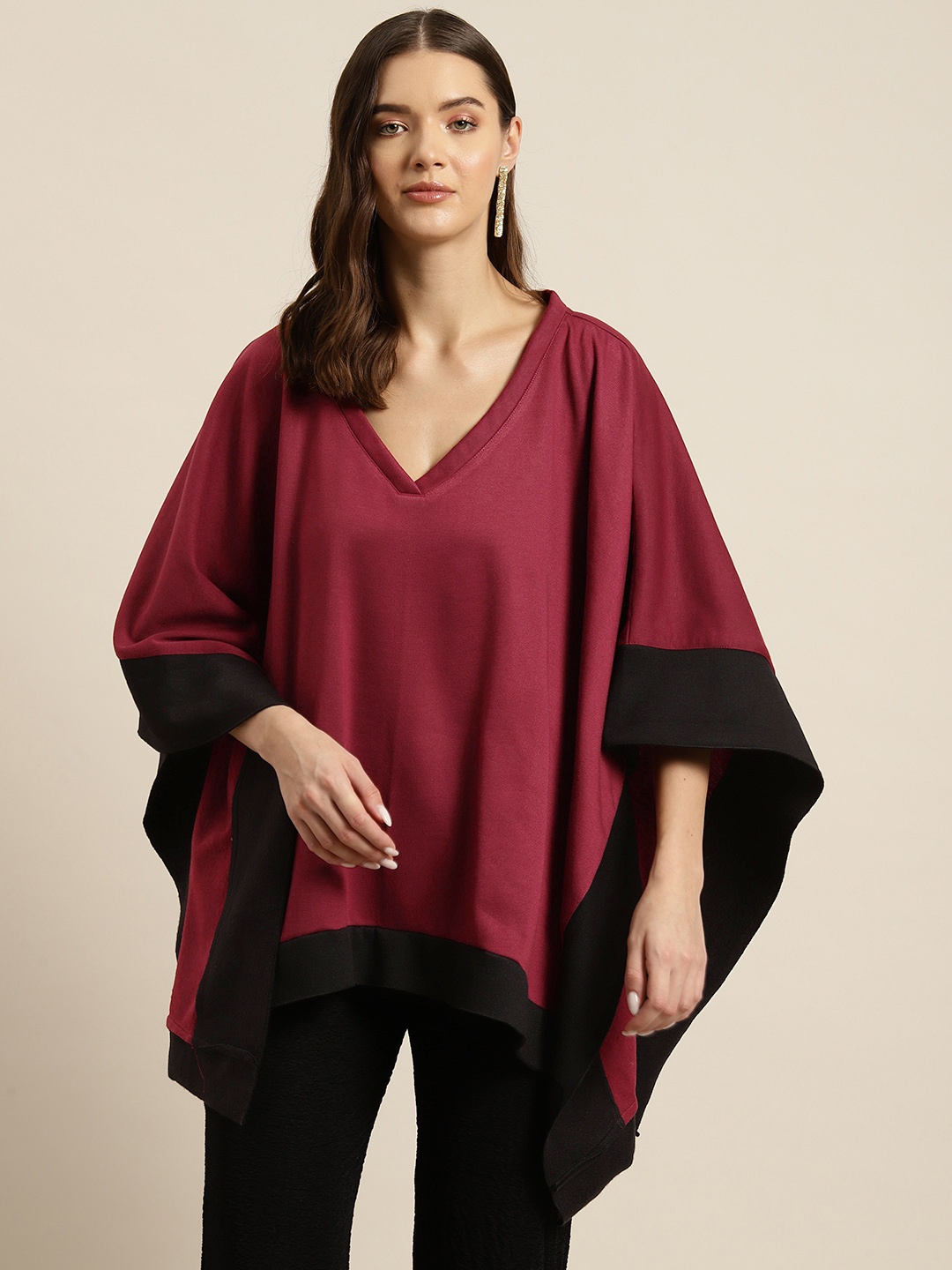 

Qurvii Women Colourblocked Longline Poncho Shrug, Maroon