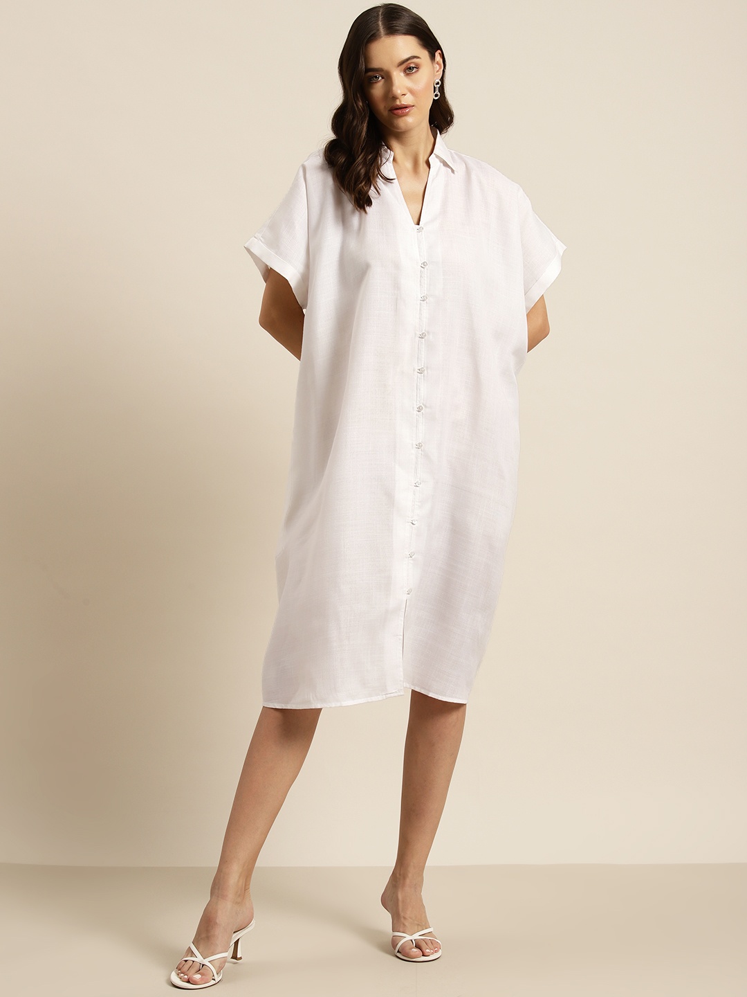 

Qurvii Solid Cotton Slub Kimono Sleeve Oversized Shirt Dress, White