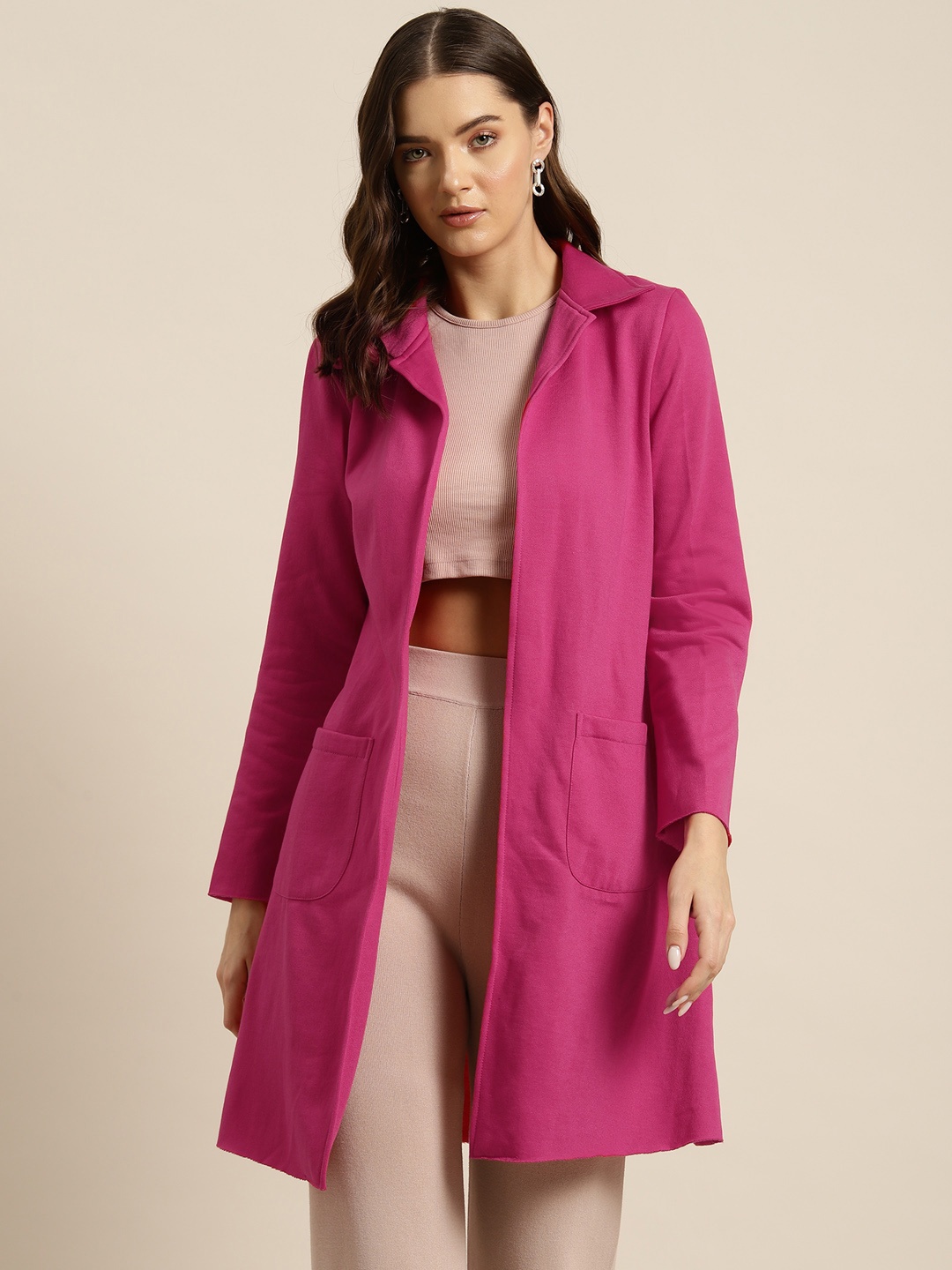 

Qurvii Women Solid Front-Open Longline Overcoat, Magenta