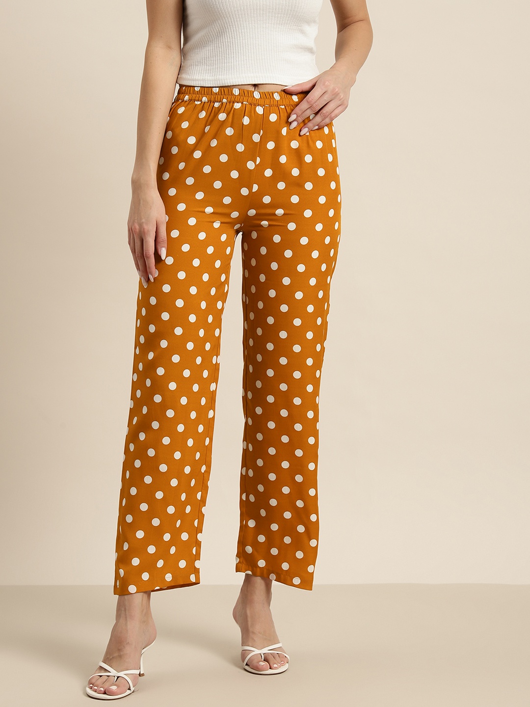 

Qurvii Polka Dots Printed Comfort High-Rise Easy Wash Trousers, Rust