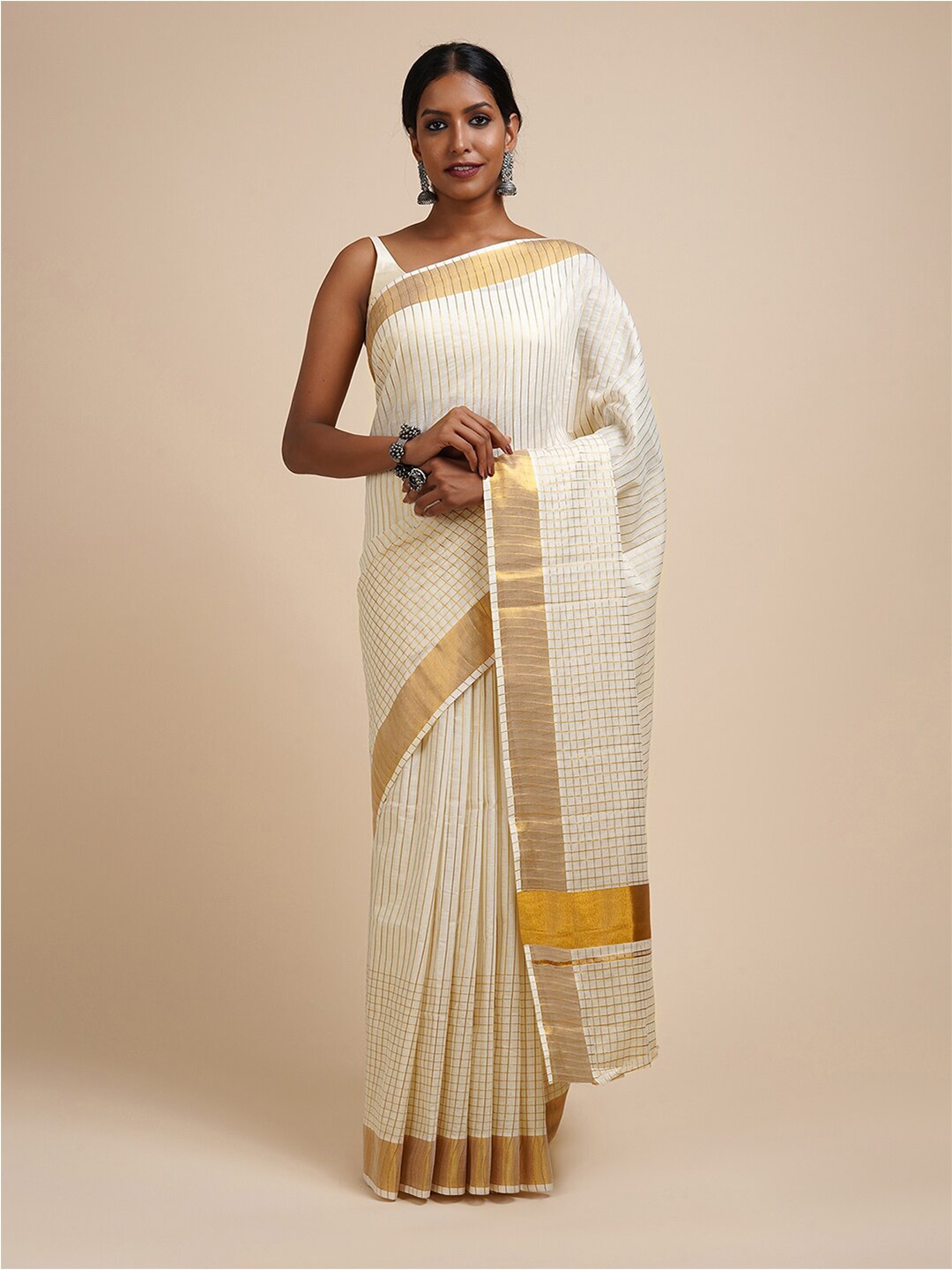 

TEEJH Striped Zari Kasavu Saree, White