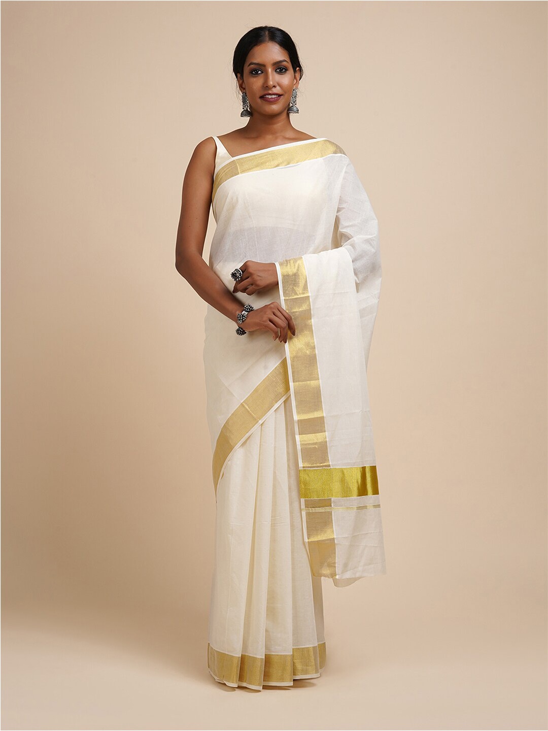 

TEEJH Zari Cotton Kasavu Saree, White