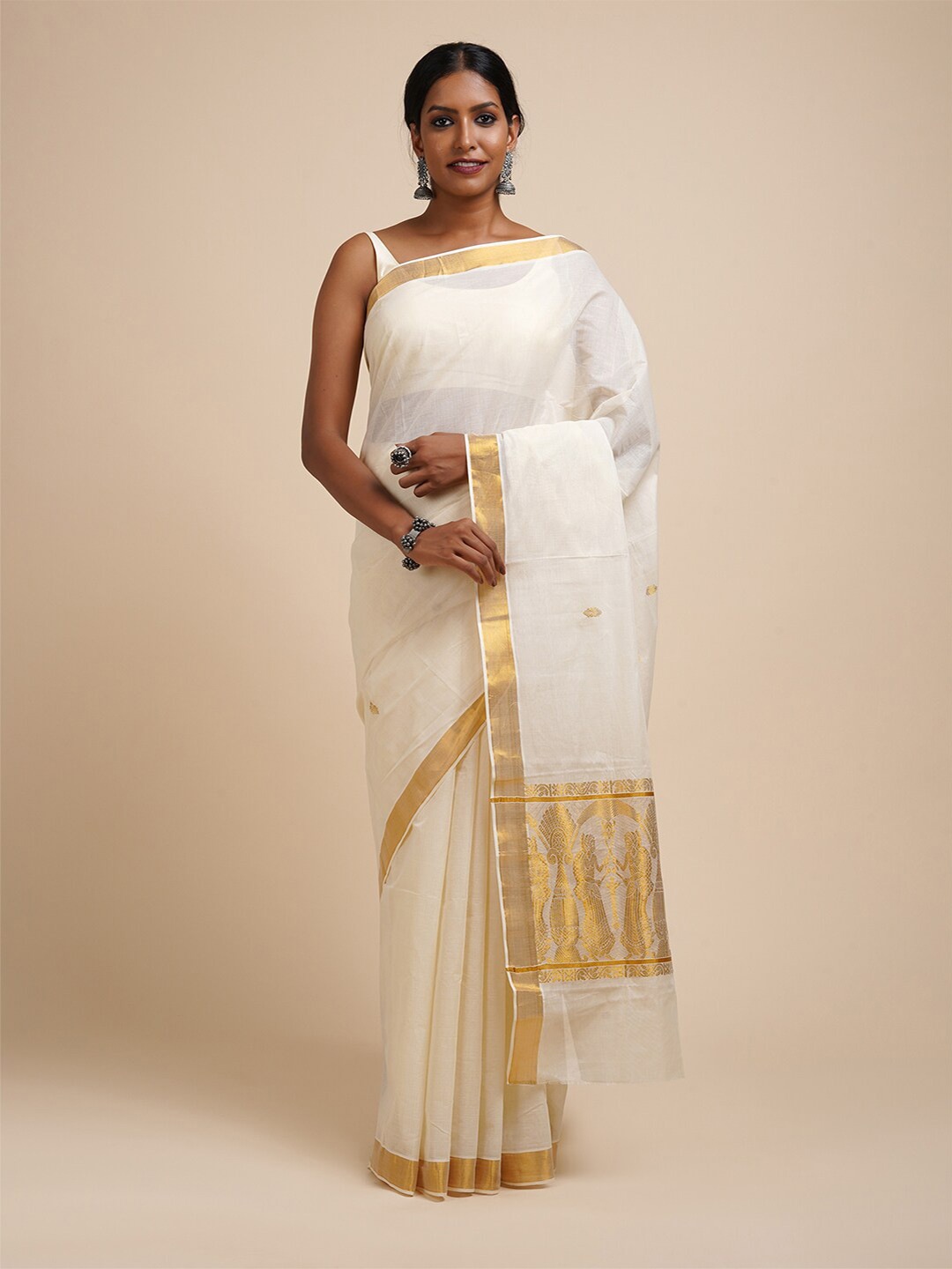 

TEEJH Zari Cotton Kasavu Saree, White