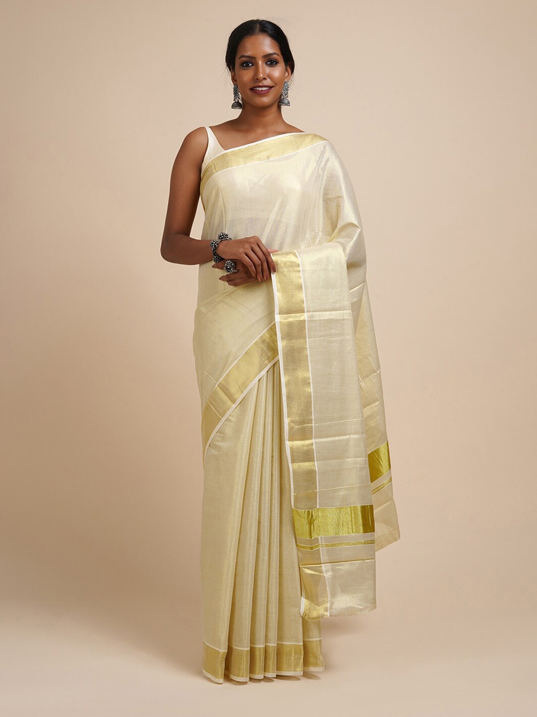 

TEEJH Zari Cotton Kasavu Saree, White