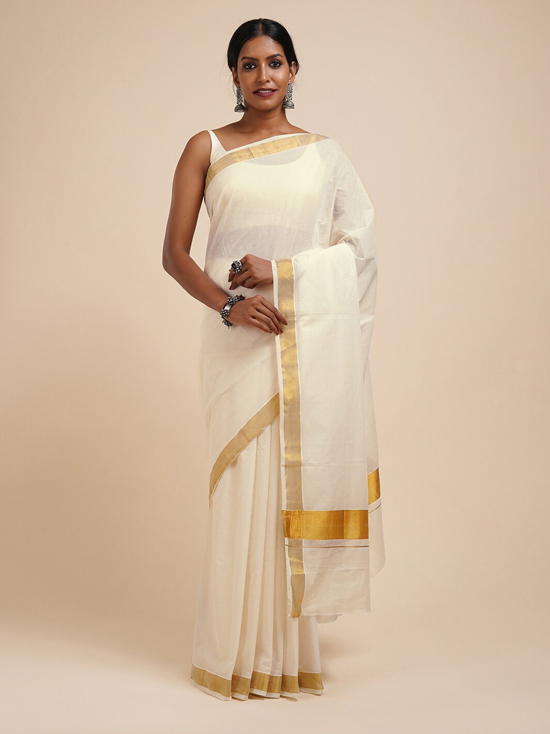 

TEEJH Zari Cotton Kasavu Saree, White