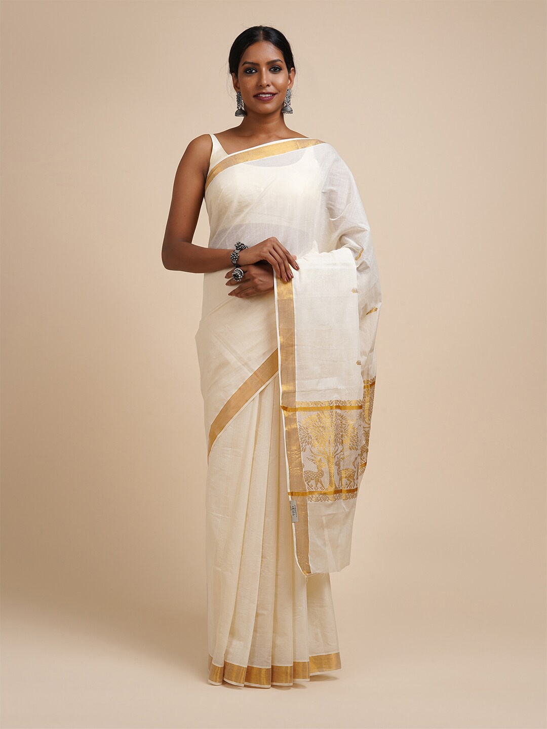 

TEEJH Zari Cotton Kasavu Saree, White