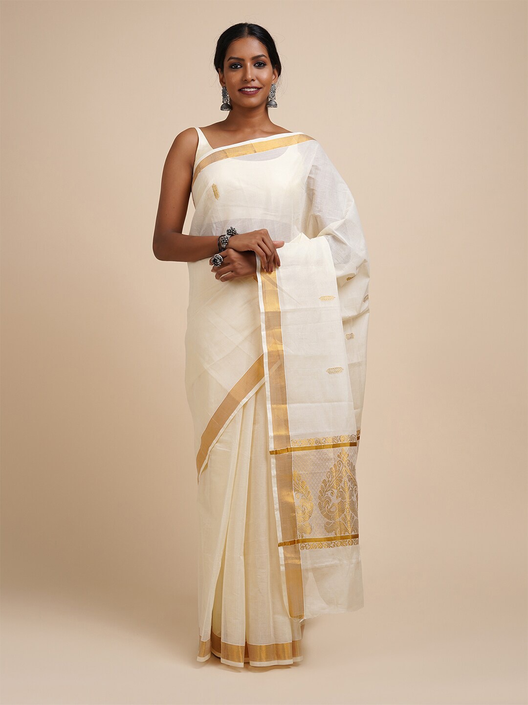 

TEEJH Zari Cotton Kasavu Saree, White