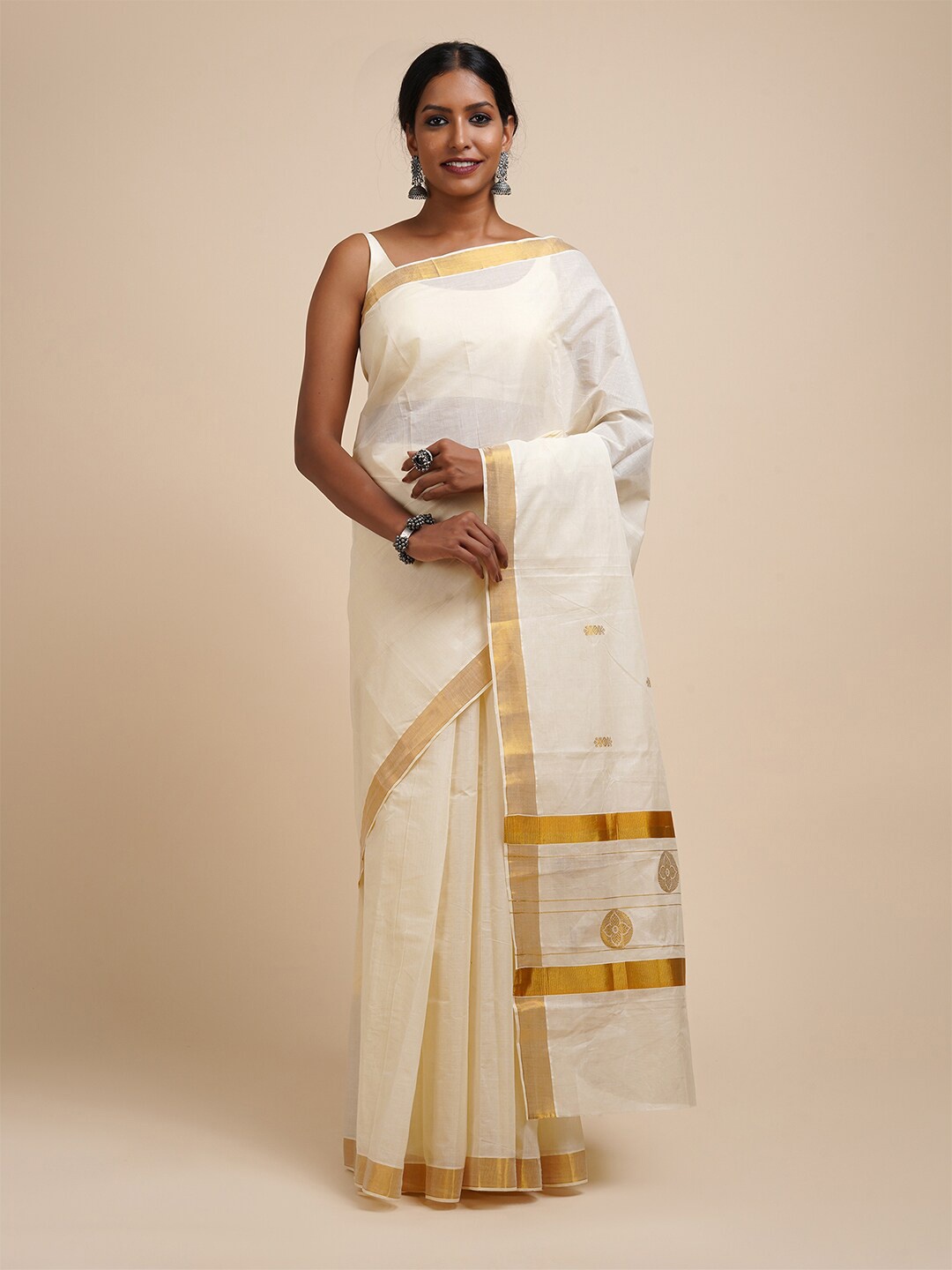 

TEEJH Zari Cotton Kasavu Saree, White