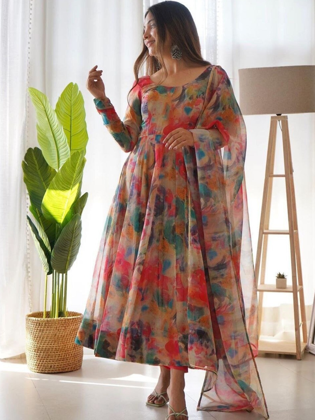 

BLACK SCISSOR Abstract Printed Fit & Flared Maxi Ethnic Dress With Dupatta, Red