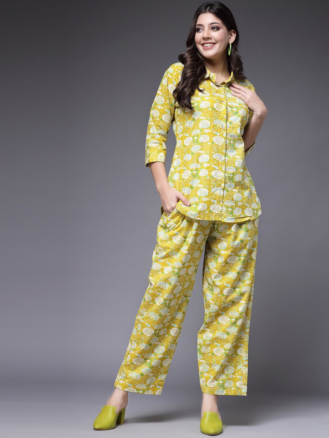 

KALINI Printed Shirt Collar Shirt With Trouser, Green