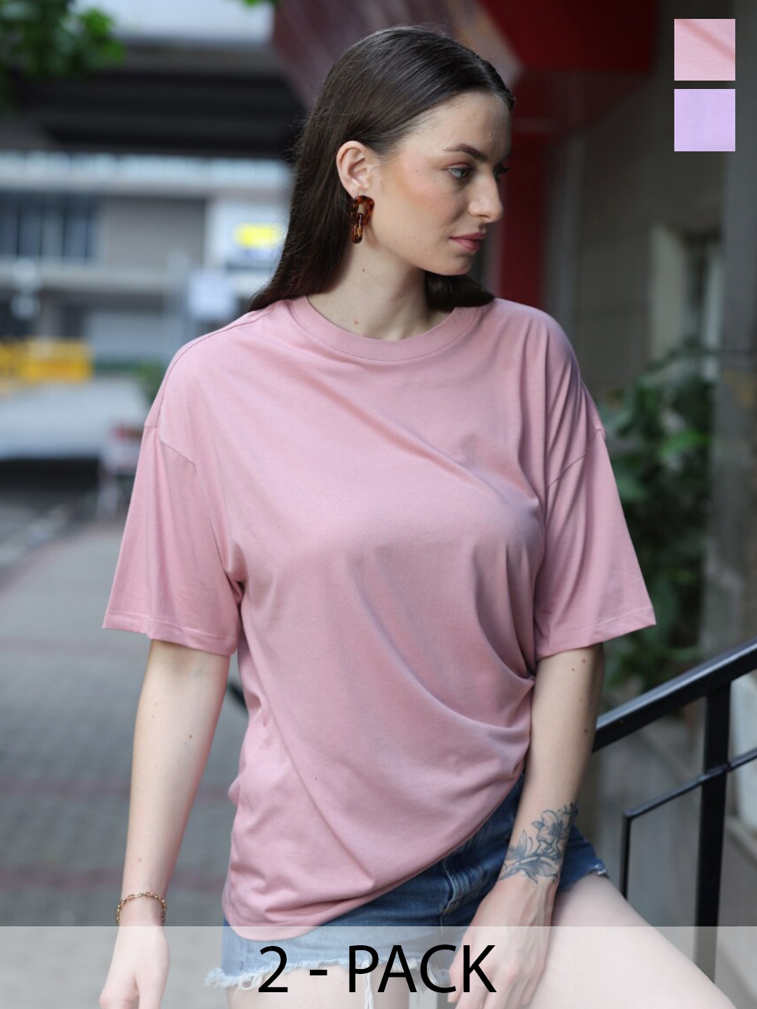 TITTLI Pack of 2 Pure Cotton Oversized T-shirts, Pink
