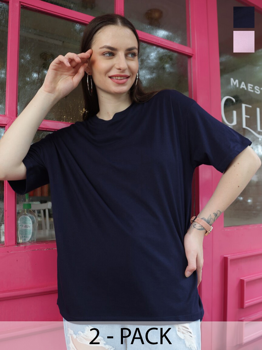 

TITTLI Pack of 2 Pure Cotton Oversized T-shirts, Navy blue