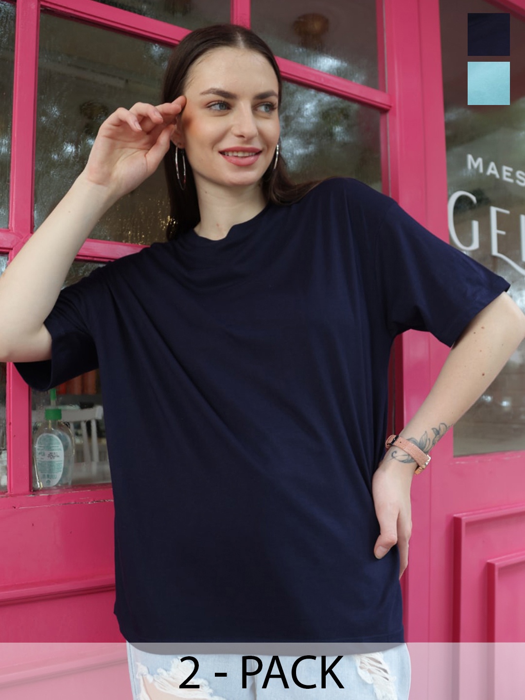 

TITTLI Pack of 2 Pure Cotton Oversized T-shirts, Navy blue