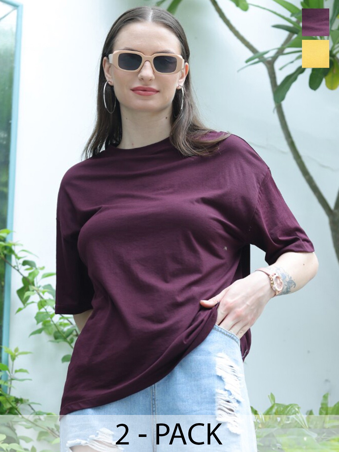 

TITTLI Pack Of 2 Round Neck Pure Cotton Oversized T-shirt, Mustard