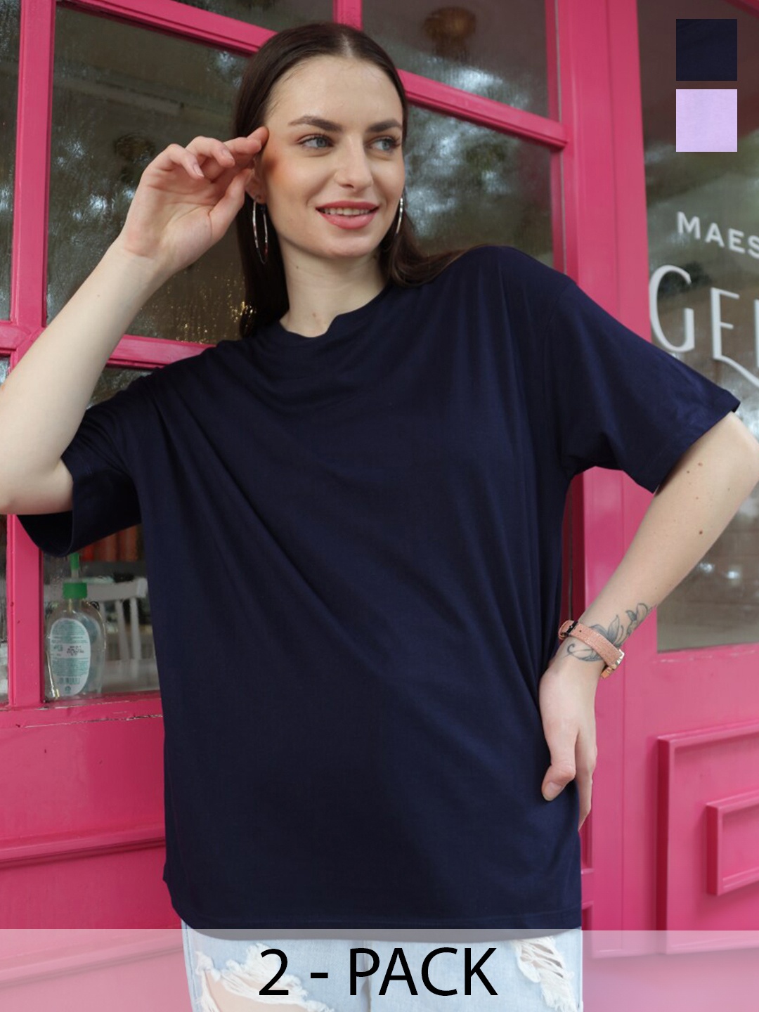 

TITTLI Pack Of 2 Round Neck Pure Cotton Oversized T-shirt, Navy blue