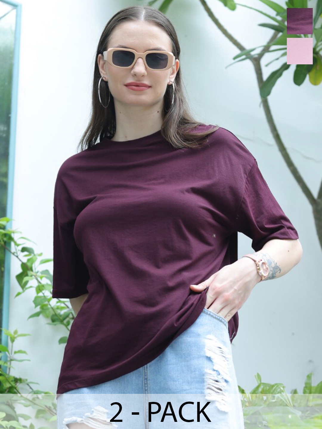 

TITTLI Pack Of 2 Pure Cotton Oversized T-shirts, Burgundy