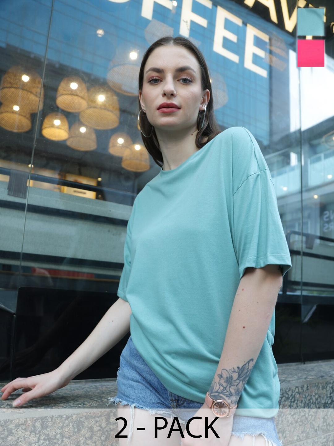

TITTLI Pack Of 2 Pure Cotton Oversized T-shirts, Green