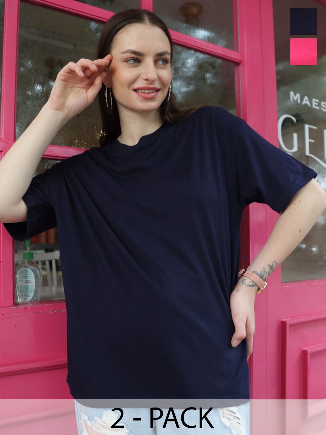 TITTLI Pack Of 2 Pure Cotton Drop-Shoulder Sleeves Cotton Oversized T-shirt, Navy blue