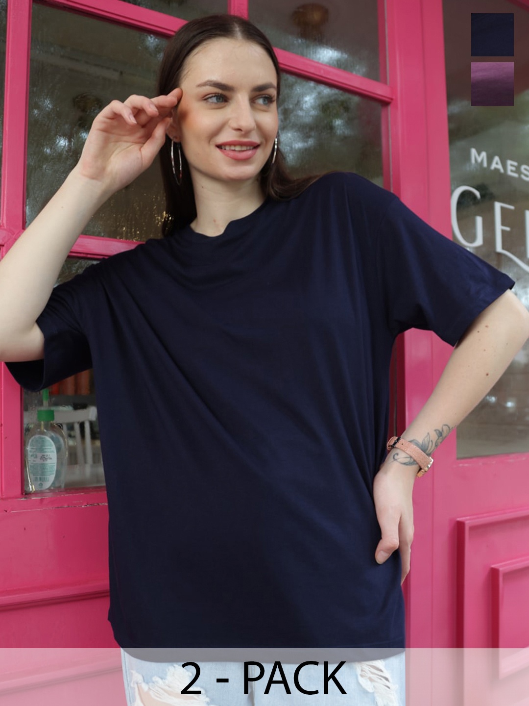 

TITTLI Pack Of 2 Round Neck Pure Cotton Oversized T-shirt, Navy blue