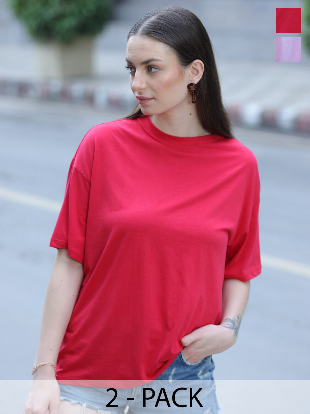 

TITTLI Pack Of 2 Round Neck Pure Cotton Oversized T-shirt, Rose