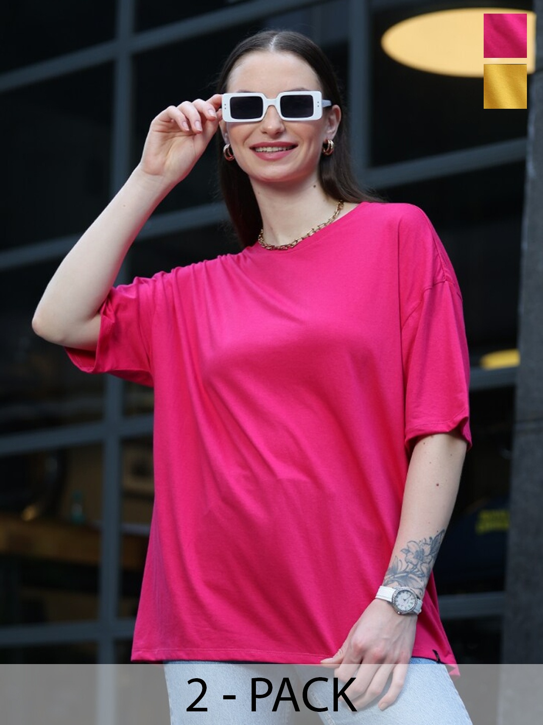 

TITTLI Pack Of 2 Pure Cotton Drop Shoulder Sleeves Oversized T-shirt, Mustard