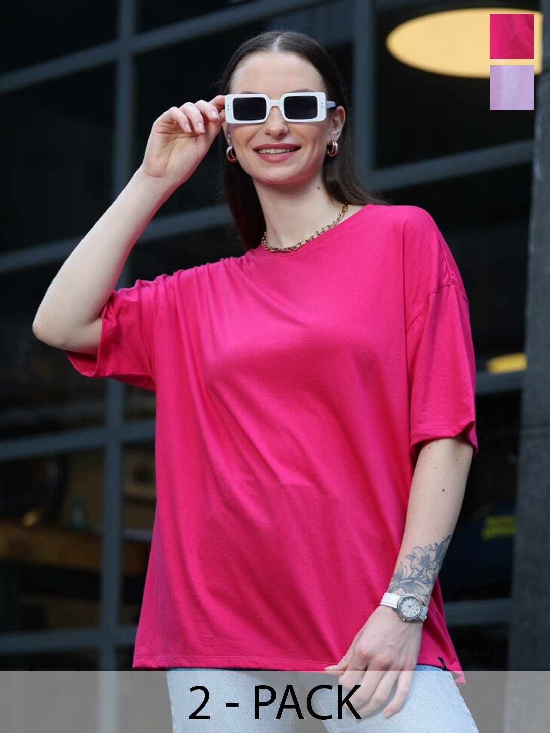 

TITTLI Pack of 2 Pure Cotton Oversized T-shirt, Pink