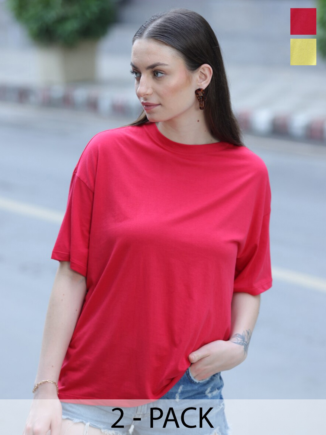 

TITTLI Pack of 2 Pure Cotton Oversized T-shirt, Red