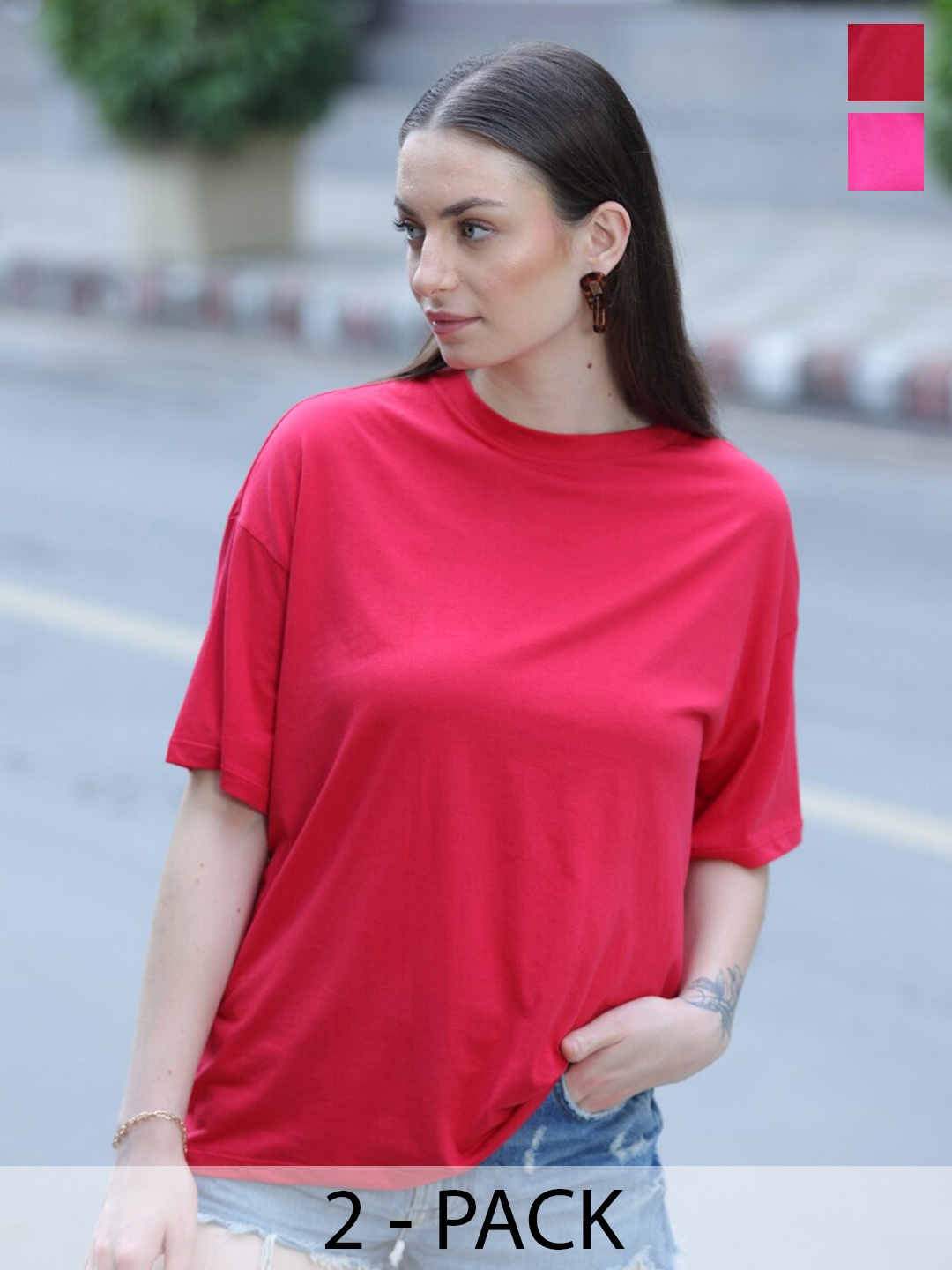

TITTLI Pack Of 2 Pure Cotton Drop Shoulder Sleeves Oversized T-shirt, Pink