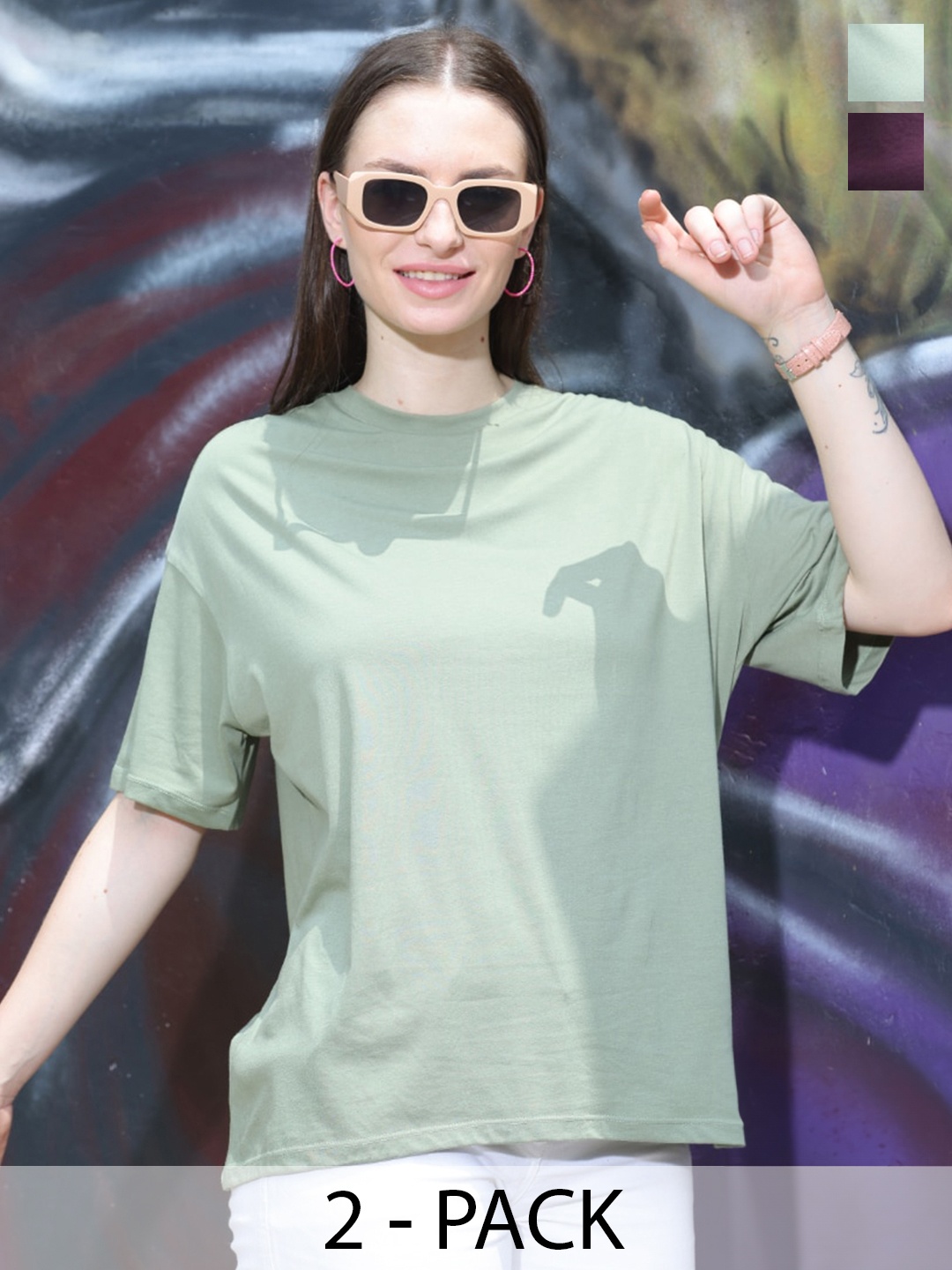 TITTLI Pack Of 2 Round Neck Pure Cotton Oversized T-shirt, Olive
