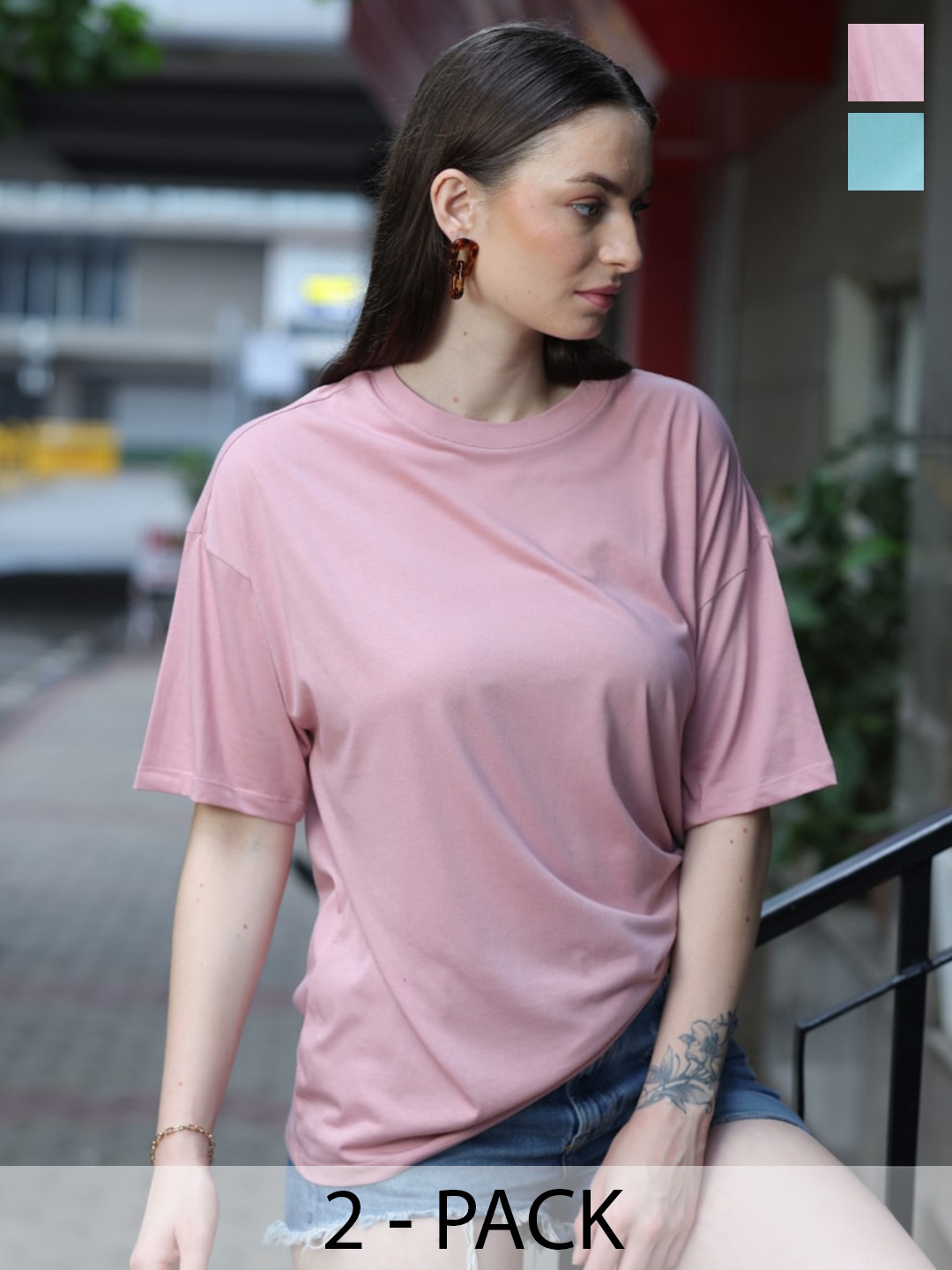 

TITTLI Pack of 2 Drop-Shoulder Sleeves Oversized Pure Cotton T-shirt, Pink