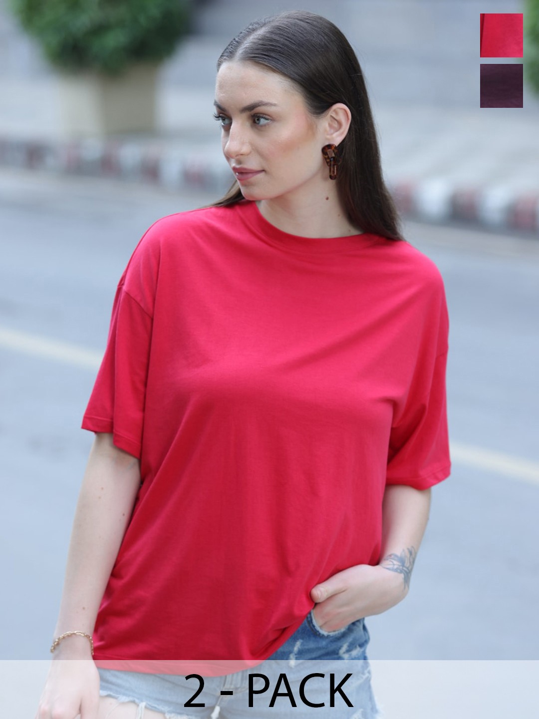 

TITTLI Pack Of 2 Pure Cotton Drop-Shoulder Sleeves Cotton Oversized T-shirt, Red