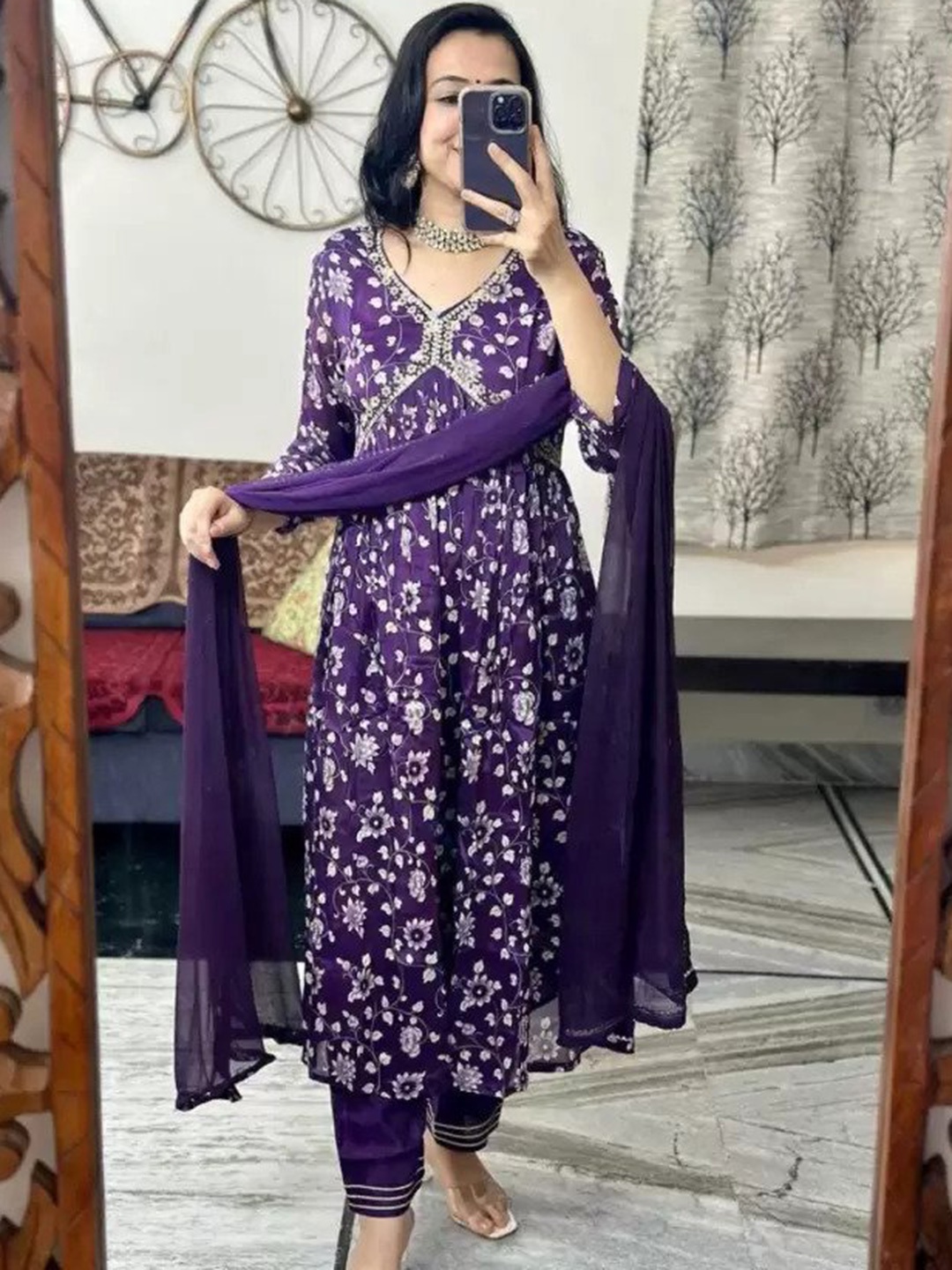

MAFE Floral Printed Empire Gotta Patti Kurta & Trousers With Dupatta, Purple