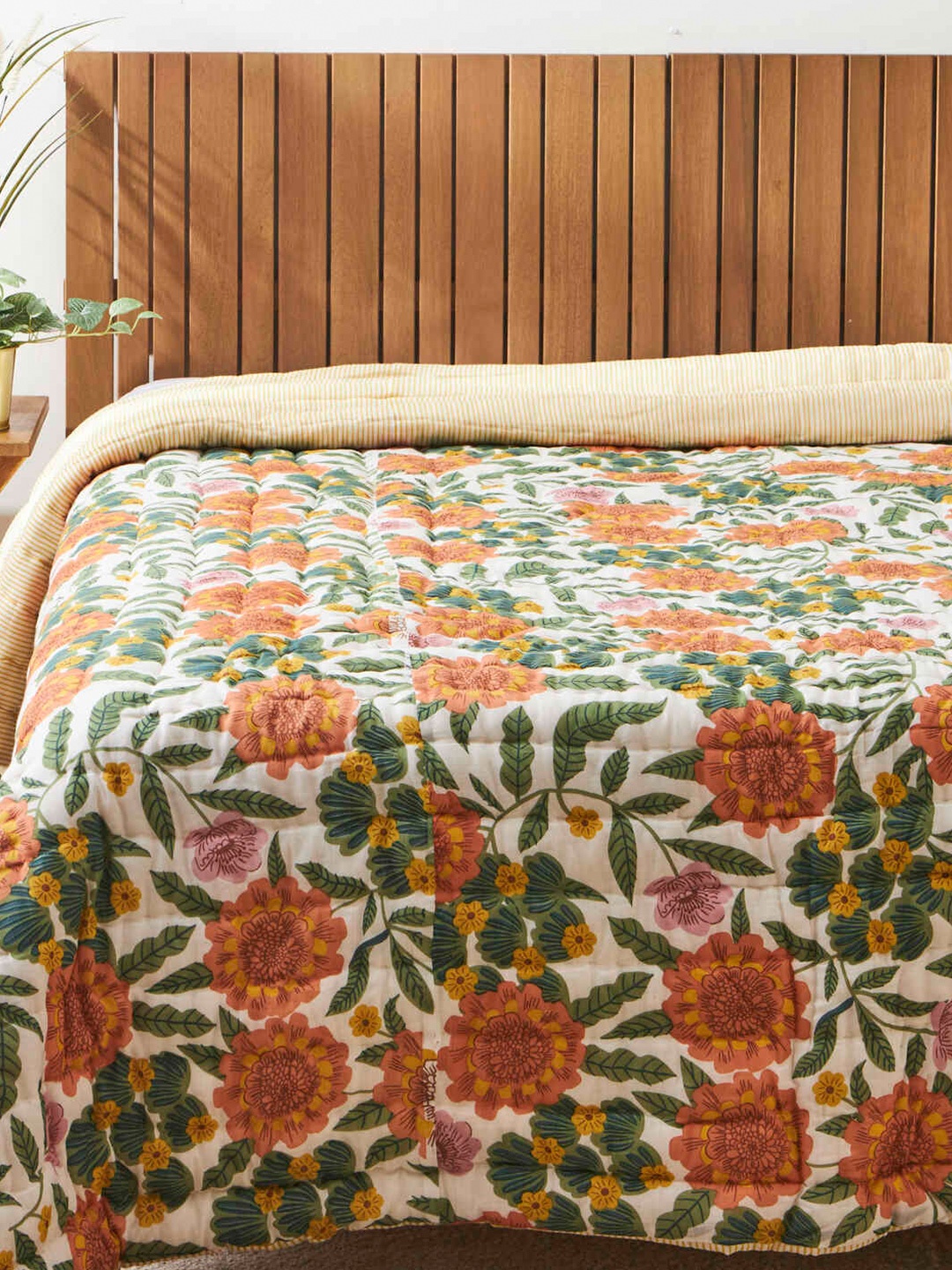 

Chumbak Marigold Orange & White Floral Summer Cotton 150 GSM Double Bed Quilt