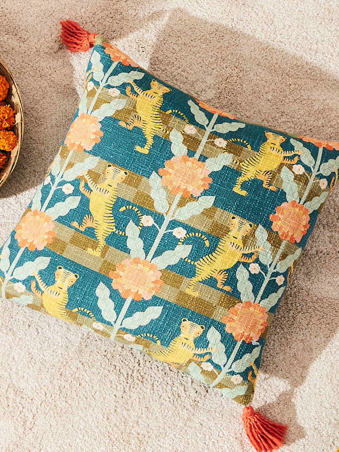

Chumbak Yellow & Blue Quirky Square Cushion Cover