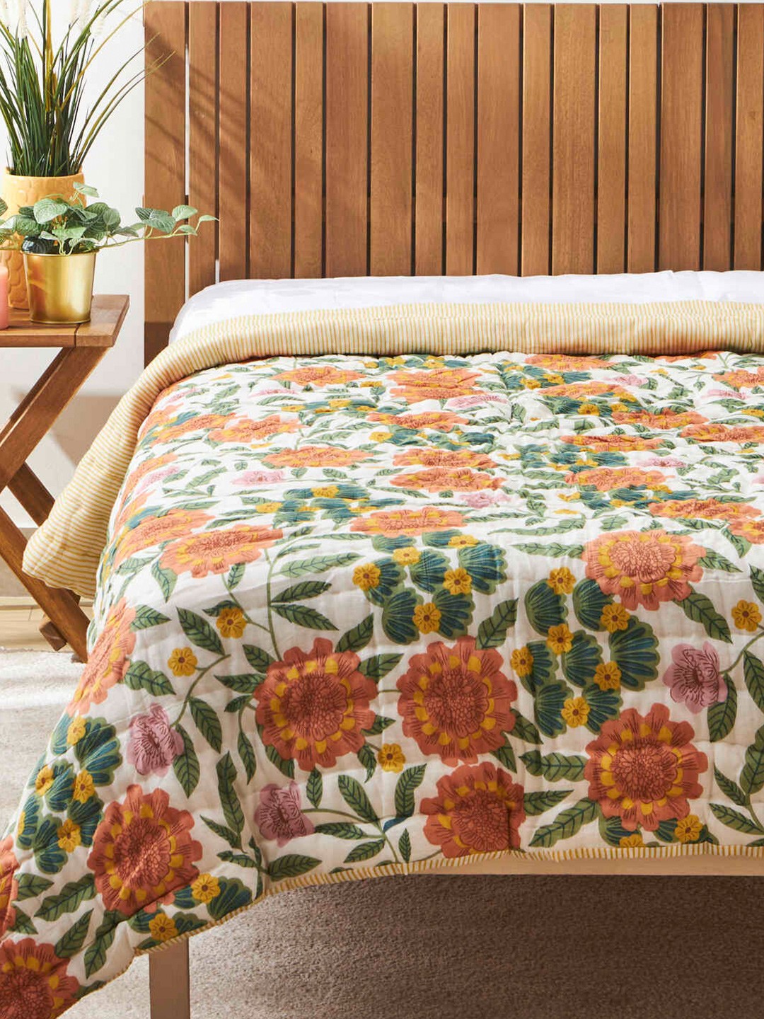 

Chumbak Marigold Orange & White Floral Summer Cotton 150 GSM Single Bed Quilt
