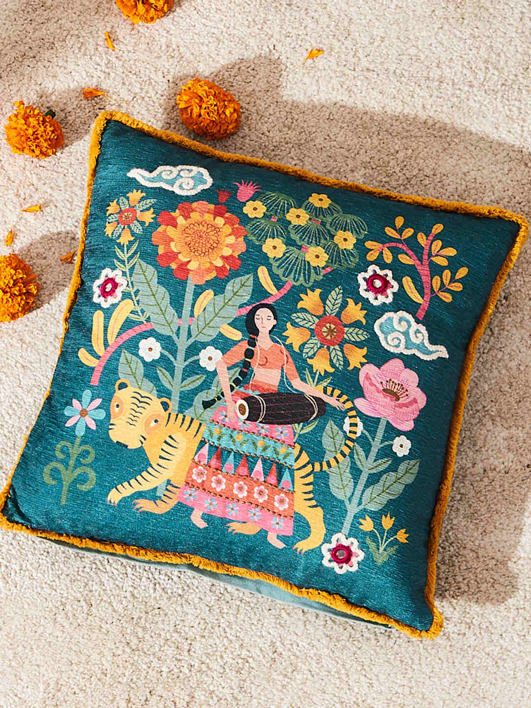 

Chumbak Marigold Gala Blue & White Floral Square Cushion Cover, Green
