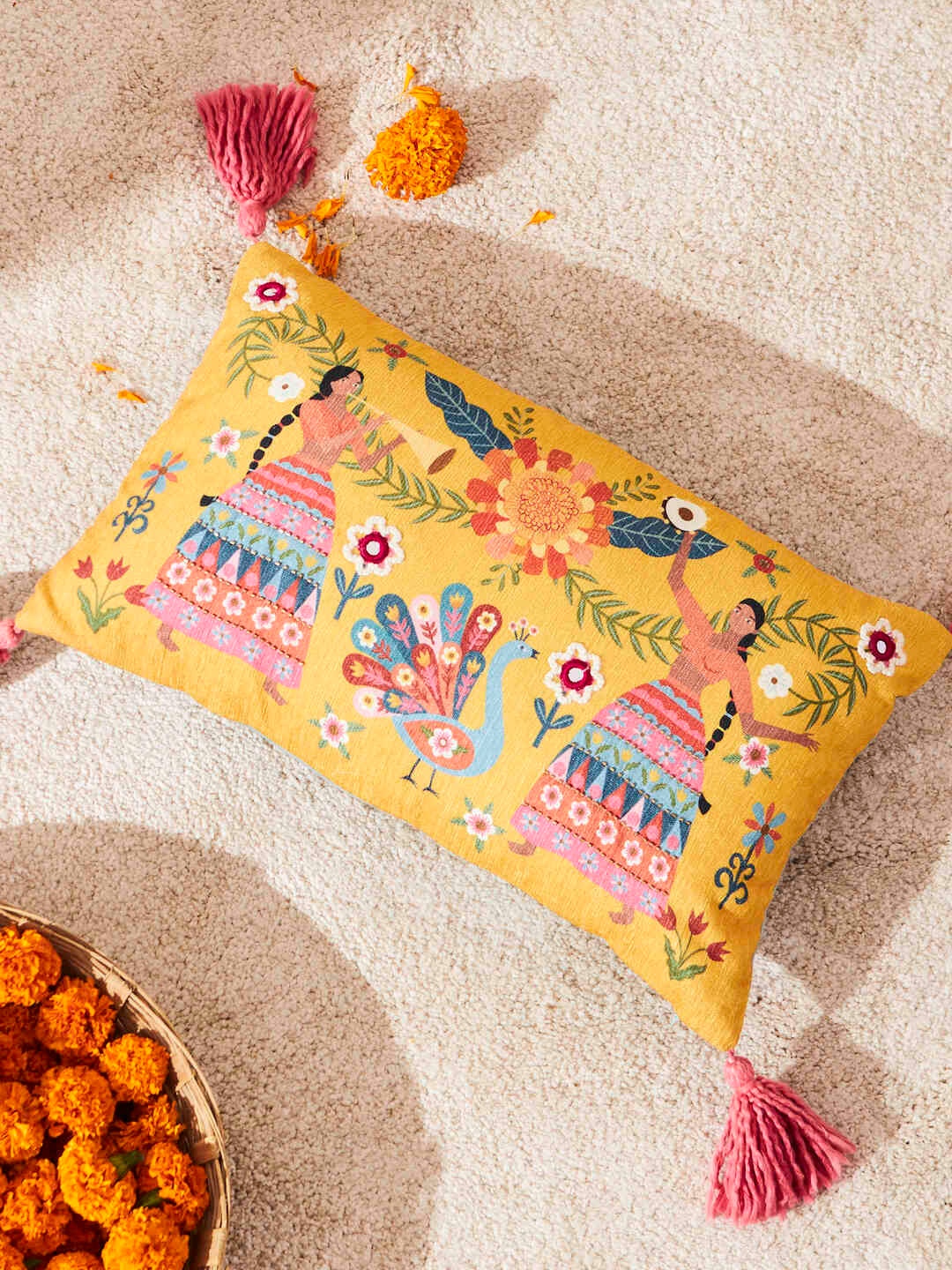 

Chumbak Marigold Yellow & Blue Quirky Printed Rectangle Cushion Covers