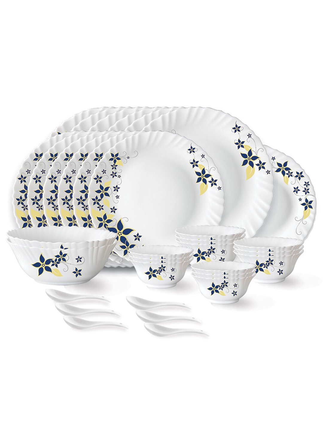 

Larah by BOROSIL White & Blue Pieces 33 Printed Opalware Matte Dinner Set