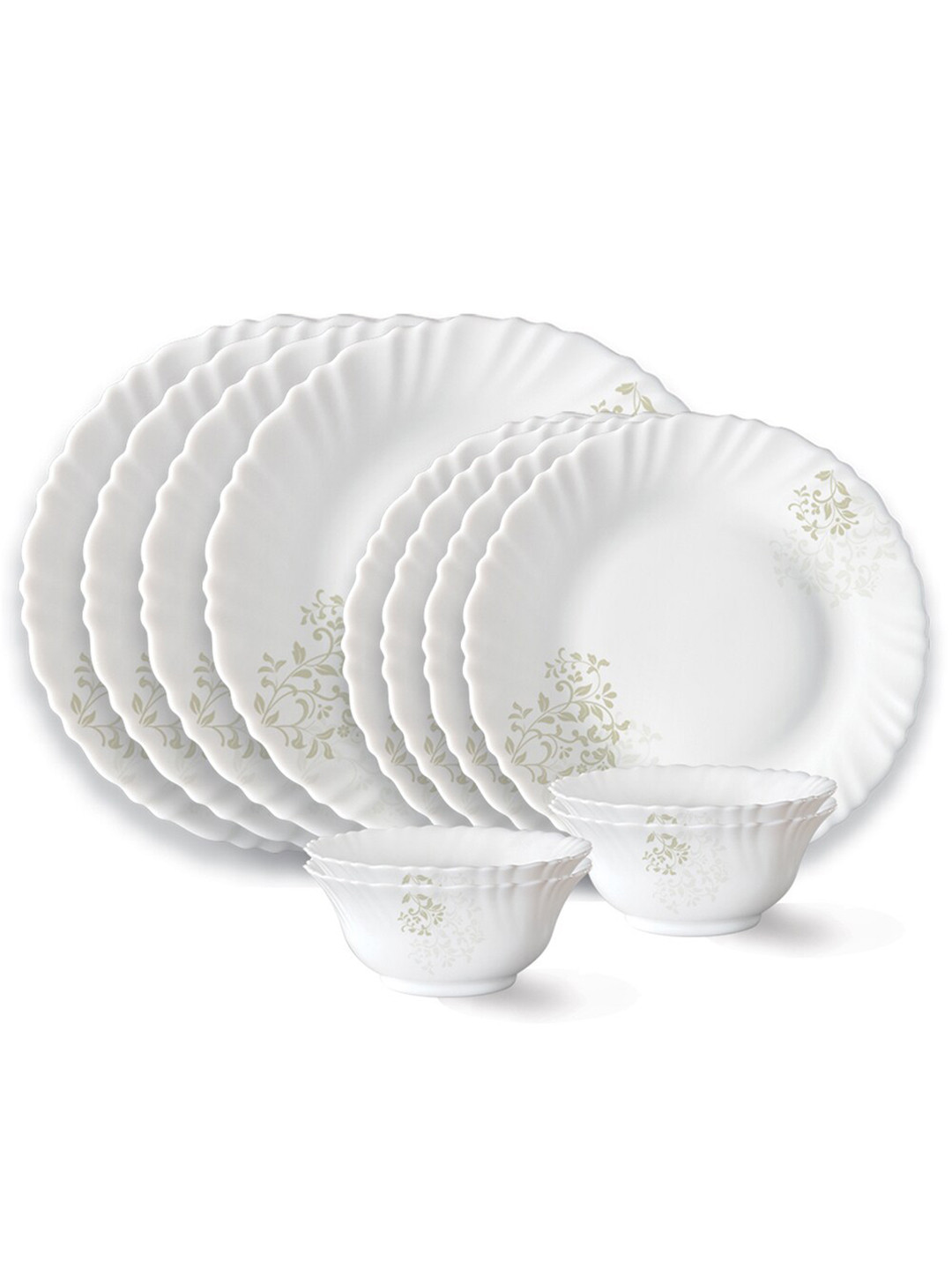 

Larah by BOROSIL Fluted White & Green 12 Pieces Floral Printed Opalware Glossy Dinner Set